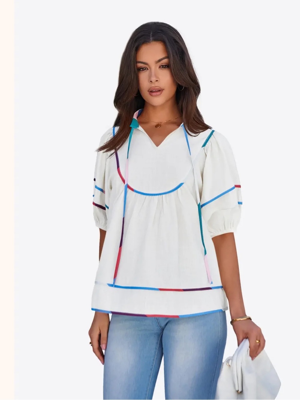 White Peasant Tunic with Color-Block Piping